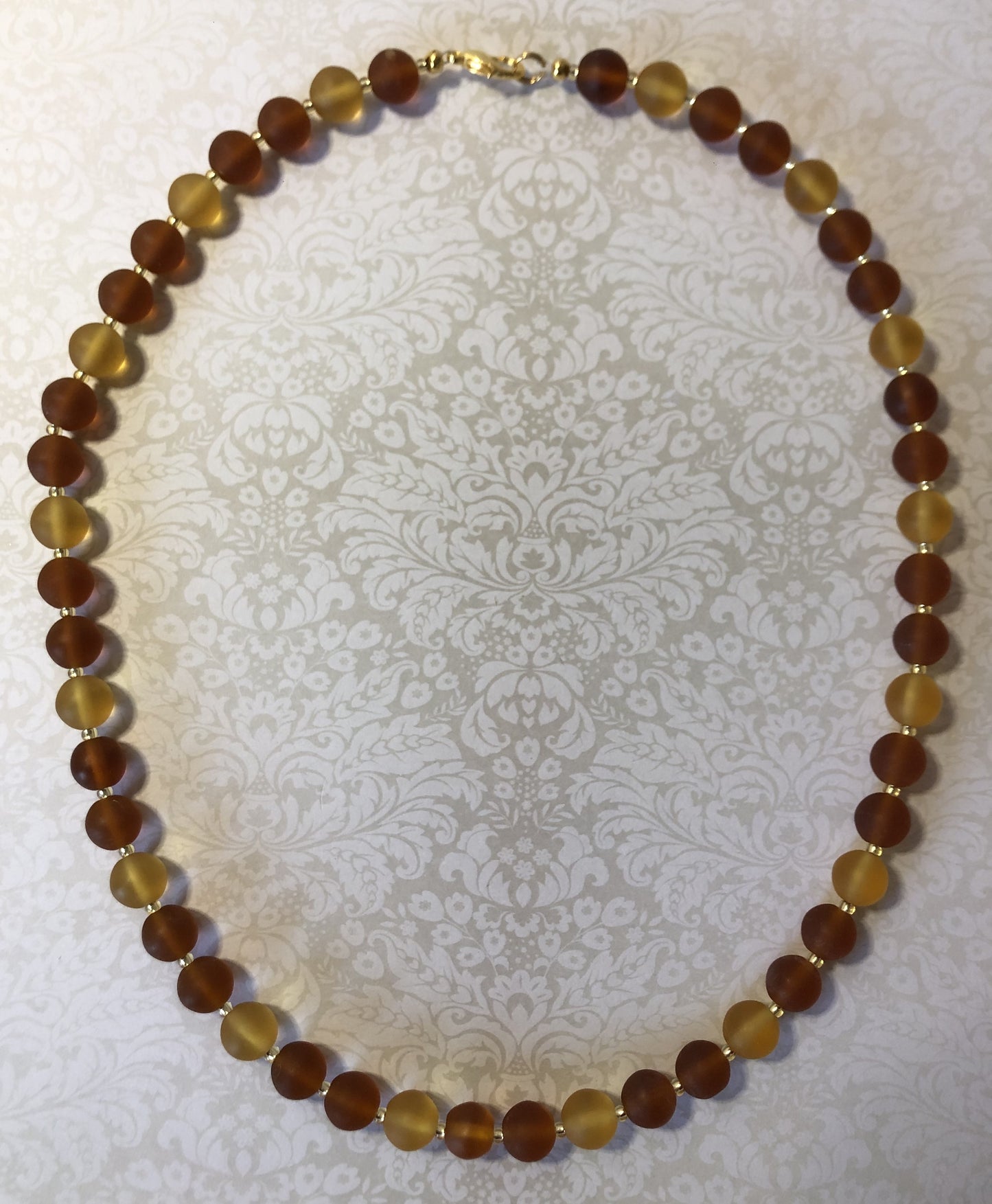 Vintage Frosted Glass bead necklace. Beautiful orange and yellow colours. Mid-century. 1950s. 18". Re-strung.