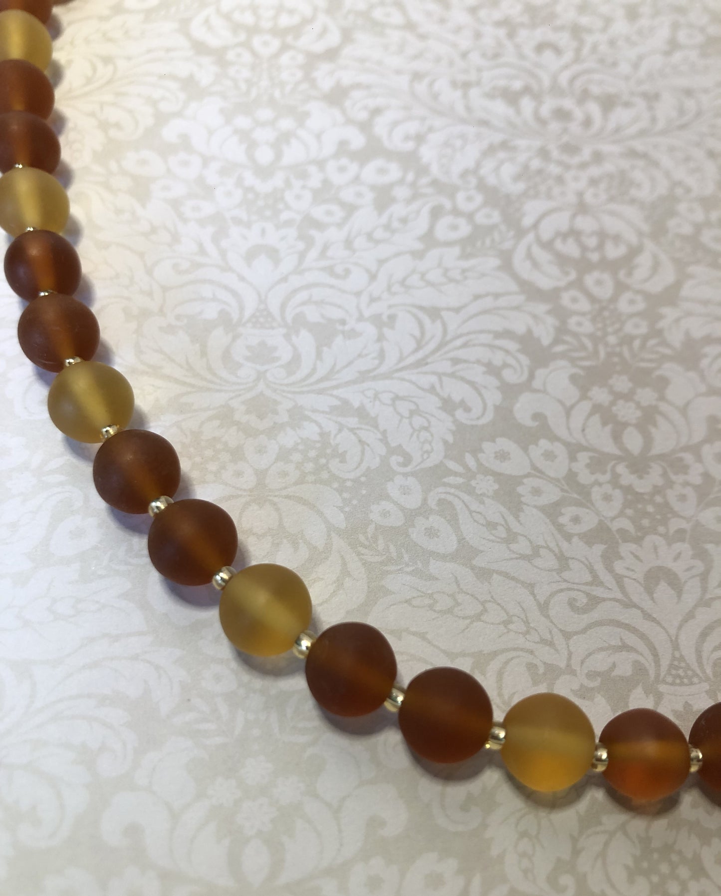 Vintage Frosted Glass bead necklace. Beautiful orange and yellow colours. Mid-century. 1950s. 18". Re-strung.